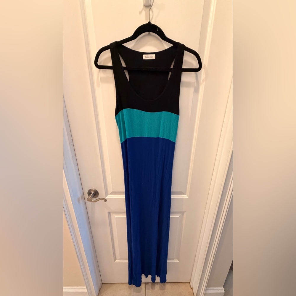 Calvin Klein Black, Teal & Royal Blue Colorblock Tank Maxi Dress